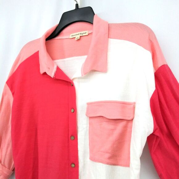 Above and Beyond Shirt Women L Pink White Color Block Roll Tab Sleeve Button Up - Picture 2 of 6